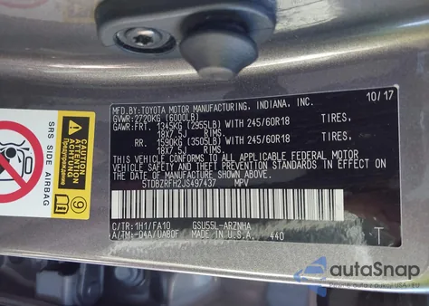 2018 Toyota Highlander Le Plus from USA, damaged, VIN 5TDBZRFH2JS497437